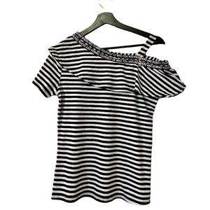 Black and White Stripped Off Shoulder Strap with Ruffles